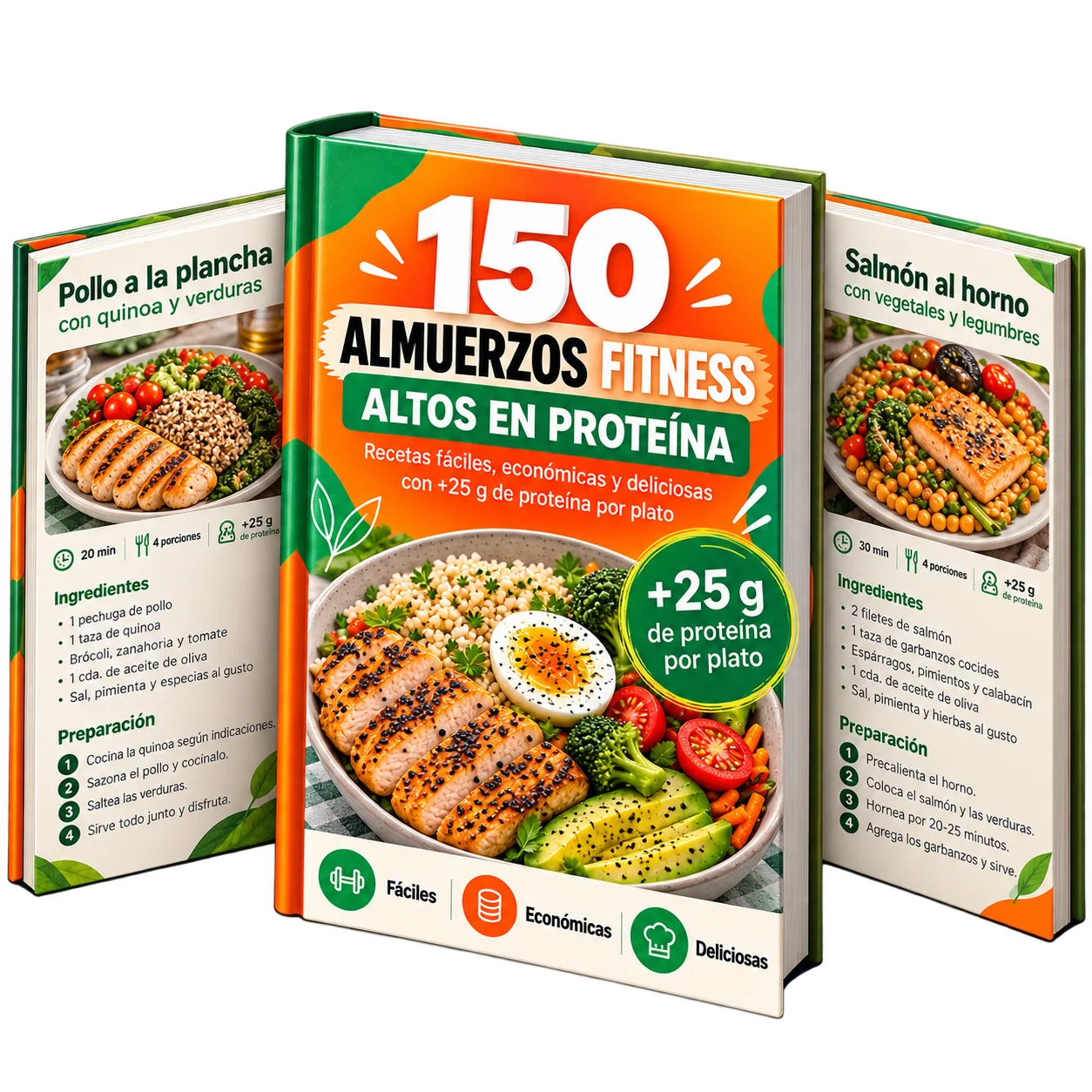 Recetario 150 Almuerzos Fitness Altos en Proteína junto a dos fichas de recetas: pollo a la plancha con quinoa y salmón al horno con vegetales