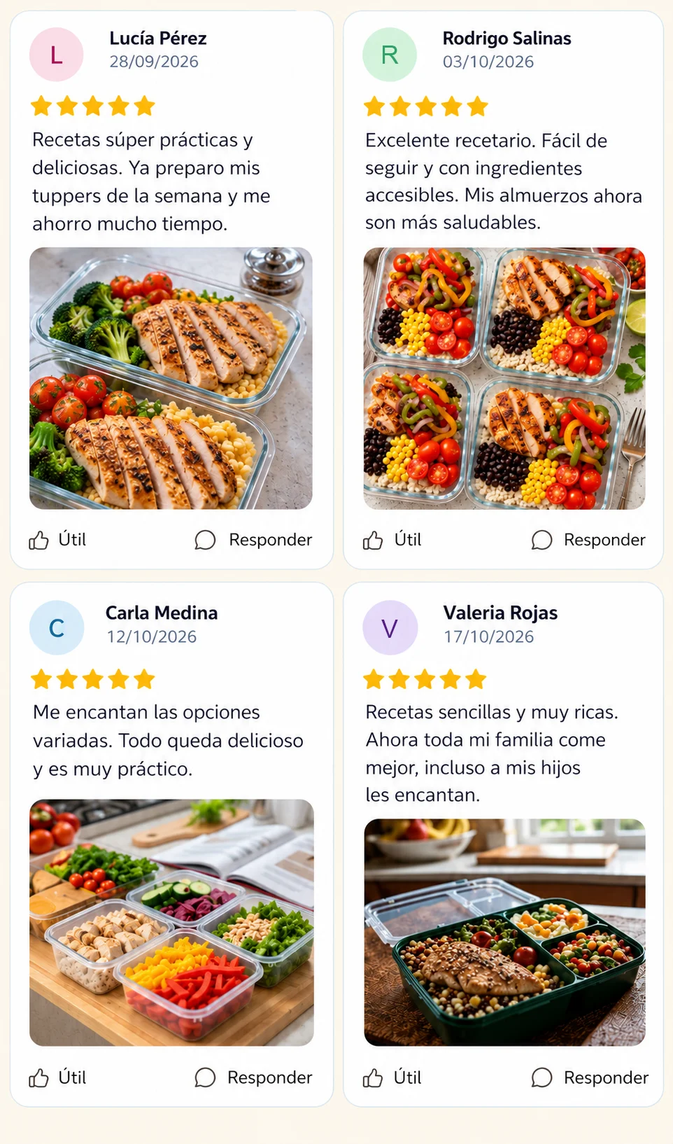 Reseñas de Lucía Pérez, Rodrigo Salinas, Carla Medina y Valeria Rojas, todas de 5 estrellas, sobre lo práctico y rico que es preparar los almuerzos con el recetario